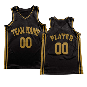 Ensemble d'uniformes de basket-ball personnalisés noirs style rétro avec texte doré, bordure dorée, maillot et short, design rétro avec nom et numéro d'équipe - Product Image 6