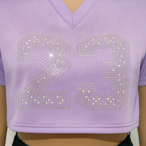 New Arrival <strong>Mesh</strong> Women's Lavender <strong>Rhinestone</strong> 23 Number Crop <strong>Top</strong> V-Neck Short Sleeve <strong>Mesh</strong> Jersey Sporty T-Shirt Spring Summer - Product Image 3