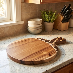 Planche à découper en bois de Suar de qualité alimentaire avec incrustation de coquille de noix de coco, motif échiquier moyen brun clair et blanc, pour cuisine et maison - Product Image 4