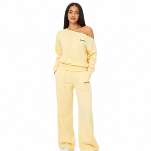 Women Yellow <b>Off</b> <b>Shoulder</b> <b>Sweatshirt</b> Tracksuit Set Wide Leg Lounge Trousers Soft Casual Co Ord Outfit Custom Label Co Ord Outfit - Product Image 1