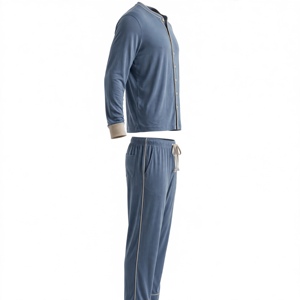 Ensemble de pyjama pour homme bleu foncé à manches longues avec bordure grise, tricot doux 100% coton, décontracté, lavable en machine, 2 pièces - Product Image 3