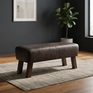 Banc vintage en cuir avec pieds en bois massif, banc de salle à manger rembourré, tabouret ottoman pour entrée - Product Image 5