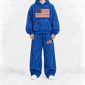 Conjunto de Sudadera con Capucha y Pantalones Deportivos con Estampado de Bandera Americana Rosa, con Perlas, Estilo Urbano, Unisex, para Adultos, Otoño, Manga Larga, Corte Holgado, Pantalones Deportivos de Algodón - Product Image 4