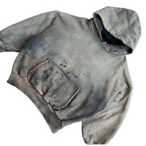 Sweat-shirts à capuche pour hommes en coton biologique tricoté épais, vintage, délavé à l'acide, grande taille, avec broderie de patchs et effet vieilli - Product Image 3