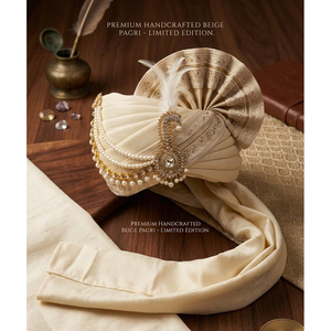 ผ้าโพกศีรษะผ้าไหมสีเบจประดับมุกและคริสตัลรูปนกยูง คาลกี สำหรับเจ้าบ่าว ซาฟา ปากรี - Product Image 5