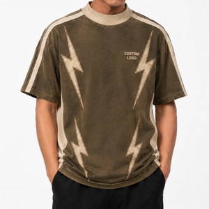 Camiseta Gráfica Oversize de Algodón Pesado para Hombre, con Paneles Bicolor en Contraste, Estilo Vintage Lavado, Cuello Mockneck, Estilo Urbano - Product Image 1