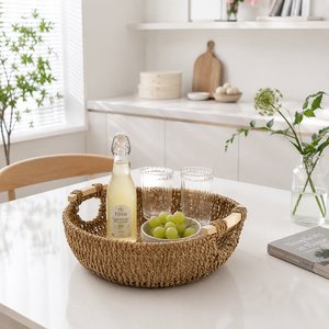 Handwoven Seagrass Eco-Friendly Dishwasher-Safe Serving <b>Tray</b> Wooden Handles Natural <b>Basket</b> <b>Tray</b> for Kitchen Dining Home Decor - Product Image 1