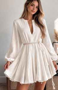 Vestido mini bohemio blanco para mujer, vestido de verano de manga larga con cuello en V y cinturón de cuerda, vestido informal para fiesta en la playa - Product Image 3