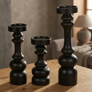 Modern <b>Black</b> Wood Pillar Candle Holder Set Handmade Decorative Turned <b>Candlestick</b> Holders for Living Room Dining Table HomeDecor - Product Image 5