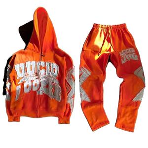 OEM Manufacturer Sweatsuit Jogging Zipper Track Suit <b>Set</b> Acid Wash Distressed <b>Embroidery</b> Patch Flared Sweatpants Hoodie <b>Sets</b> - Product Image 3