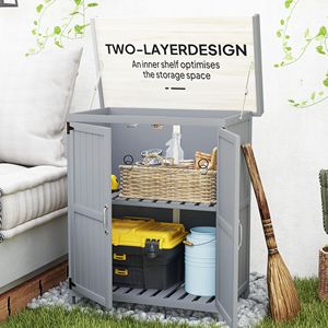 Panca per invasatura in legno grigio con 2 porte armadio per esterni e capannone per attrezzi da giardino, tra cui ripiano e ripiano in metallo - Product Image 6
