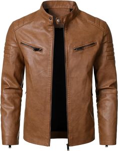 Men's Tan Camel Honey Brown PU Faux <b>Leather</b> Cafe Racer <b>Jacket</b> Band Stand Collar Snap Button Ribbed Padded Sleeve - Product Image 6