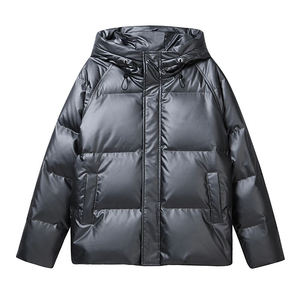 Men's Black Hooded Puffer <b>Jacket</b> Windproof Thick Polyester Winter Coat Casual Loose Fit Zipper Closure Solid Color - Product Image 4