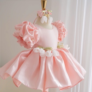 Vestido de Fiesta Rosa Palo Personalizado para Niñas con Mangas con Volantes, Lazo de Satén y Detalles de Tulipán para Bodas, Cumpleaños, Venta al por Mayor para Boutiques - Product Image 4