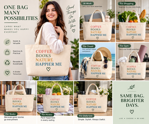 กระเป๋าผ้าแคนวาสลาย Coffee Books Nature Happier Me ขนาด 18 นิ้ว กระเป๋าช้อปปิ้งอเนกประสงค์ขนาดใหญ่ สไตล์มินิมอล - Product Image 6