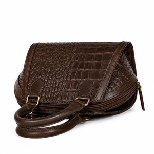 Sac à main pour femme en cuir véritable gaufré crocodile, marron vintage, avec poignée supérieure et bandoulière réglable - Product Image 4