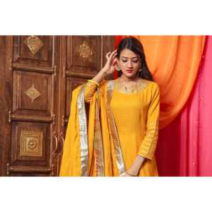 Ensemble de costume de travail jaune vif pour femme avec dupatta en tissu chiffon rayonne, taille XS - Product Image 1