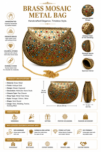 Bolso de mano vintage cuadrado de latón con mosaico metálico, estilo moderno, con cadena artesanal y adornos de piedras de colores. - Product Image 5
