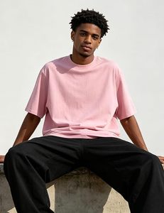 Camiseta de Manga Corta Rosa para Hombre, Corte Holgado, Informal, de Algodón, Cuello Redondo, Color Sólido, Diseño Liso, Deportiva, de Secado Rápido - Product Image 5
