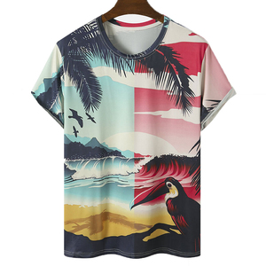 เสื้อยืดแขนสั้นพิมพ์ลายทูแคนเขตร้อนสำหรับผู้ชาย คอกลม ทรงปกติ สวมใส่สบาย ระบายอากาศได้ดี ผลิตจากผ้าโพลีเอสเตอร์ถัก - Product Image 1
