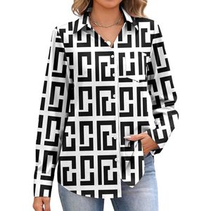 Custom Women Polyester Chiffon Geometric Black <b>White</b> Long Sleeve Work Shirt with Button Front Office Blouse - Product Image 1