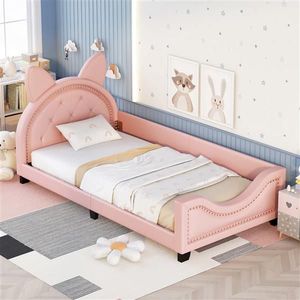 Divano letto imbottito rosa a una piazza e mezza con testiera a forma di orecchie di cartone animato per camerette dei bambini - Product Image 1