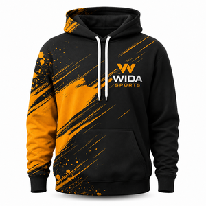 Sweat à capuche personnalisé en polaire polyester noir et orange avec impression par sublimation à effet brossé - Product Image 1