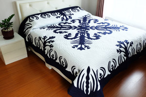 Wholesale Navy Hawaiian Applique <b>Quilt</b> With Echo <b>Quilting</b> Custom Botanical Cotton <b>Bedspread</b> Boutique Bedroom Bedding - Product Image 1