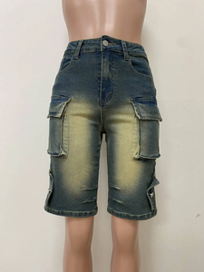 Shorts de mezclilla lavada de alta calidad con cordones, ajustados, de tiro medio, rectos, estilo vintage con botones, para salir en verano, para mujer, Sehe Fashion - Product Image 4