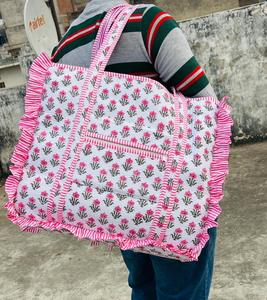 Handcrafted Cotton Frill <b>Tote</b> Bag Quilted Floral Print Ruffle Shoulder Shopping Bag for Women Ruffle Shoulder Bag - Product Image 2