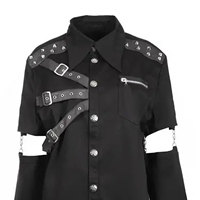 Chemise noire gothique punk pour homme avec manches amovibles, boucles cloutées et sangles en similicuir, haut streetwear