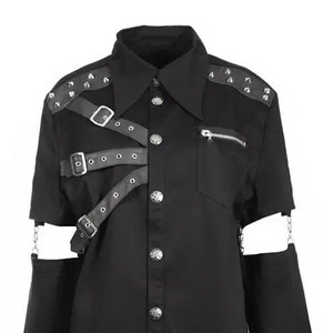 <b>Men's</b> Gothic Punk Black Shirt with Detachable Sleeves, <b>Studded</b> Buckles, and Faux Leather Straps Streetwear Top - Product Image 5