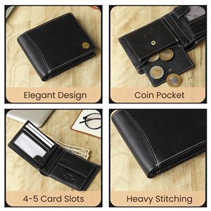 กระเป๋าสตางค์หนังแท้แบบพับสองตอนสำหรับผู้ชาย WRIZA ป้องกัน RFID |   กระเป๋าสตางค์สีดำทรงบาง ดีไซน์มินิมอล ช่องใส่เหรียญ ช่องใส่บัตร 2 ช่อง ใส่เงินสดได้ - Product Image 4