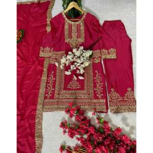 Ensemble Kurti Pant 3 pièces 
 
 5 paires de kurtis en tissu de soie chinon brodés de différentes couleurs, attrayants pour les fêtes, avec une coupe classique - Product Image 4