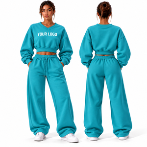 Nuevo Conjunto Deportivo de Invierno para Mujer, Sudadera Corta con Cuello en V, Pantalones Anchos, Felpa de Algodón, Personalizable - Product Image 2