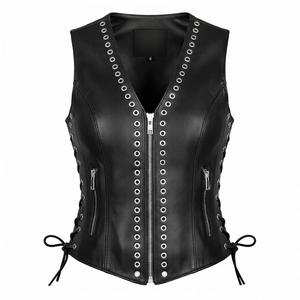 Women's Genuine <b>Leather</b> Motorcycle Vest Stylish V-Neck Biker Outerwear <b>Sleeveless</b> Zipper Closure Waterproof Windproof Fashion - Product Image 3