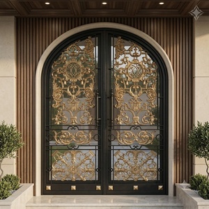 A rust-resistant, manually operated traditional wrought-iron double door set, featuring an arched design and intricate patterns. - Product Image 4