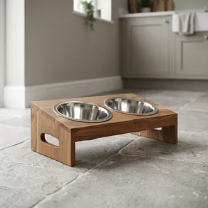 Acacia Wooden Pet Diner with Stainless Steel Double <b>Bowls</b> Elevated Pet Feeding <b>Stand</b> for <b>Dogs</b> Cats and Puppies - Product Image 4