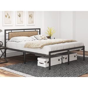 Mecor Vintage Rustic Brown Faux Leather Headboard Strong Metal Slats Support Full Size <b>Platform</b> <b>Bed</b> <b>Frame</b> Metal <b>Beds</b> Product - Product Image 5