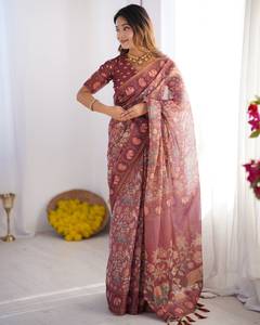 Sari indio tradicional de seda con estampado de elefantes, color granate, para bodas, para mujer, largo hasta el suelo, corte regular. - Product Image 5