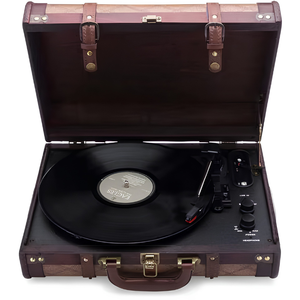 Vintage Wooden Suitcase Record Player Turntable with <b>Bluetooth</b>, <b>USB</b> Recording, Aux-In, Built-in Speakers, 3-Speed Vinyl Playback - Product Image 2