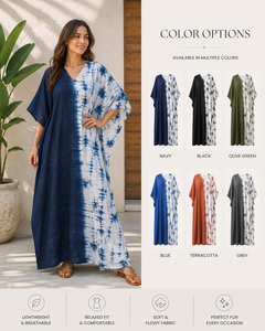 Trendy Women Navy Blue Tie Dye V Neck Bohemian <b>Kaftan</b> Maxi Dress 100% Cotton Woven Eco-Friendly Modern <b>Summer</b> Beach Wear Resort - Product Image 3