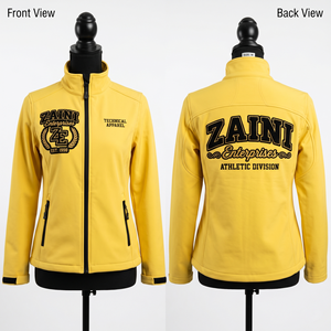 Veste softshell pour femme 320 GSM en polyester premium et spandex, doublure polaire, design jaune et noir, logo brodé personnalisé - Product Image 1