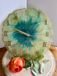 Handcrafted Resin Wall <b>Clock</b> Ocean Teal Geode Floral Timepiece Gold <b>Roman</b> Numerals Silent Quartz Living Room Home Decor - Product Image 6