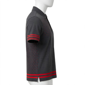 Polo de Alta Calidad en Color Carbón, Personalizable, Transpirable, con Puntos Rojos en el Pecho y Dobladillo a Rayas, Tejido de Piqué de Algodón, NEXTEX - Product Image 6