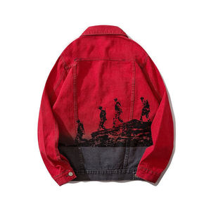 Brand New Unisex Red Vintage Winter Y2K Denim Jacket Hip-Hop Loose Fit Big Size Button Striped Patchwork Formal Workwear Letter - Product Image 6