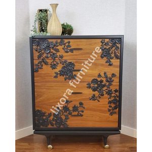 Luxury Handcrafted Solid Wood 4 Drawer Dresser Ornate Black Floral Vine Relief Carving Natural Finish - Product Image 5