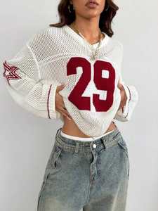 Suéter de punto de malla oversize para mujer con estampado de números, manga larga, hombros descubiertos, top corto, estilo urbano Y2K, moda casual, jersey. - Product Image 4