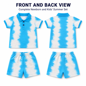 Ensemble polo et short en coton à manches longues de couleur unie, bleu et blanc, tenue décontractée d'été pour homme, tissu tricoté respirant - Product Image 2