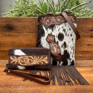 Conjunto combinado de 2 piezas de calidad Premium para mujer, bolso de mano con flecos de diseñador de cuero mecanizado hecho a mano, bolsos de cuero de vaca genuino - Product Image 4